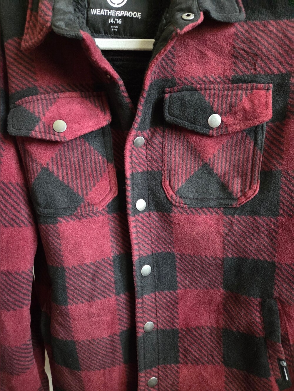 New Weatherproof youth Burgundy and Black Plaid Snap Shirt Jacket